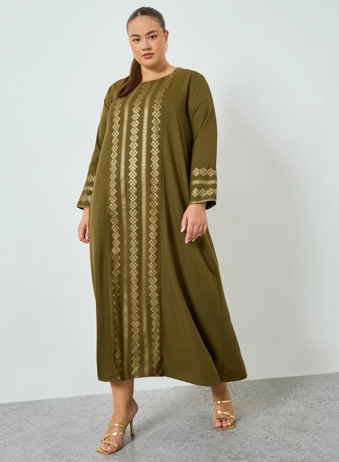 Amirah Plus Size Olive Foil Printed A-Line Jalabiya