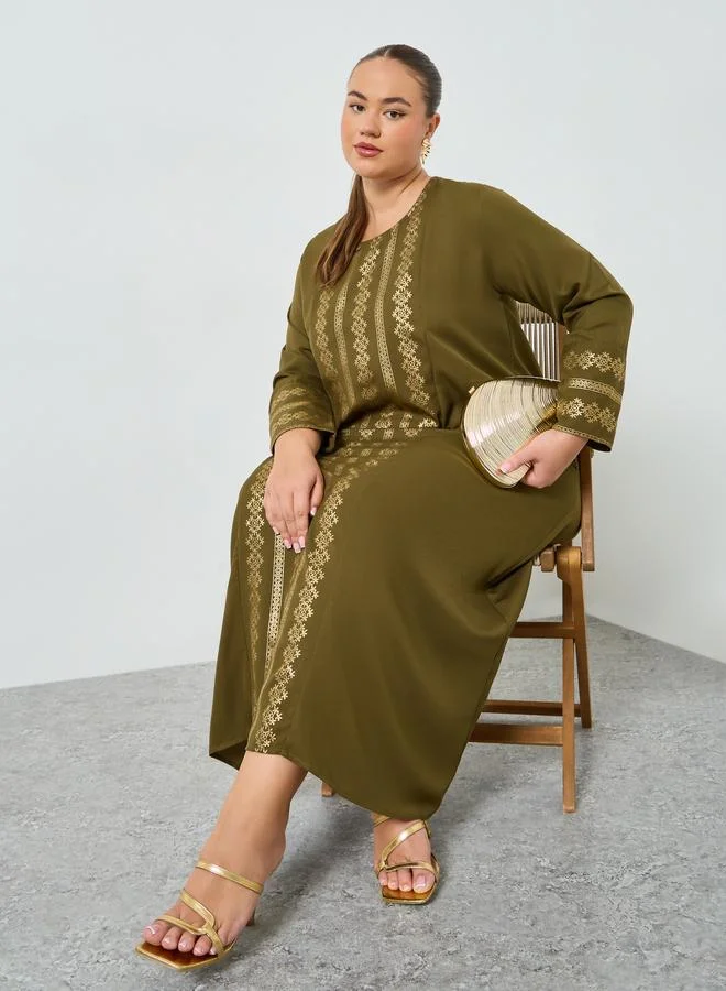 Amirah Plus Size Olive Foil Printed A-Line Jalabiya