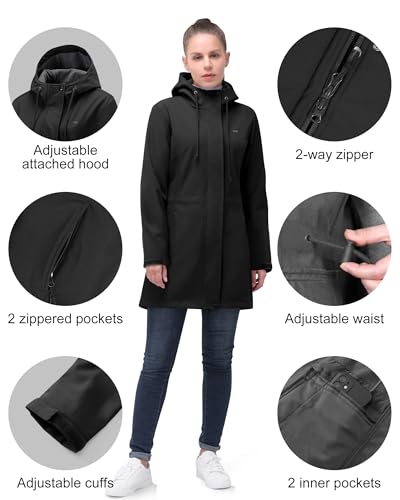 33,000ft Women's Softshell Long Jacket with Hood Fleece Lined Windproof Warm up Waterproof Windbreaker - Image 3