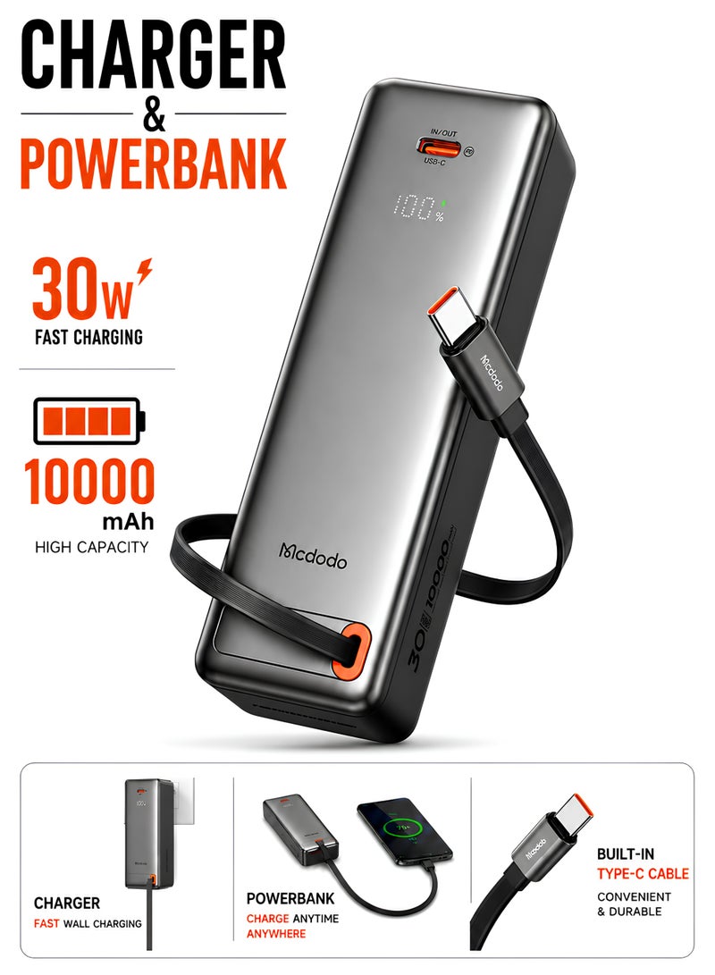 Mcdodo 3-in-1 Power Bank with Built-in Cable, 10000mAh, 30W PD Fast Charging, Travel Charger Adapter, UK/US/EU Plugs, 150+ Countries, LED Display, Black, MC-3181 - Image 1