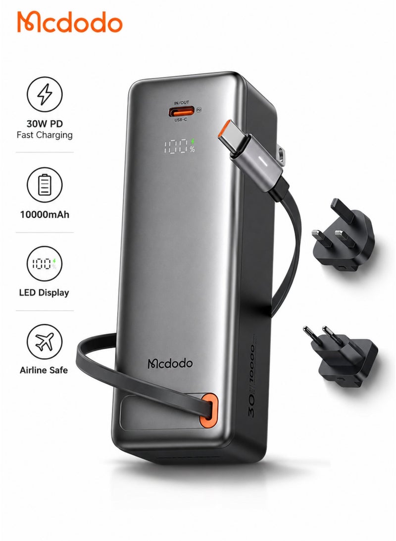 Mcdodo 3-in-1 Power Bank with Built-in Cable, 10000mAh, 30W PD Fast Charging, Travel Charger Adapter, UK/US/EU Plugs, 150+ Countries, LED Display, Black, MC-3181 - Image 1