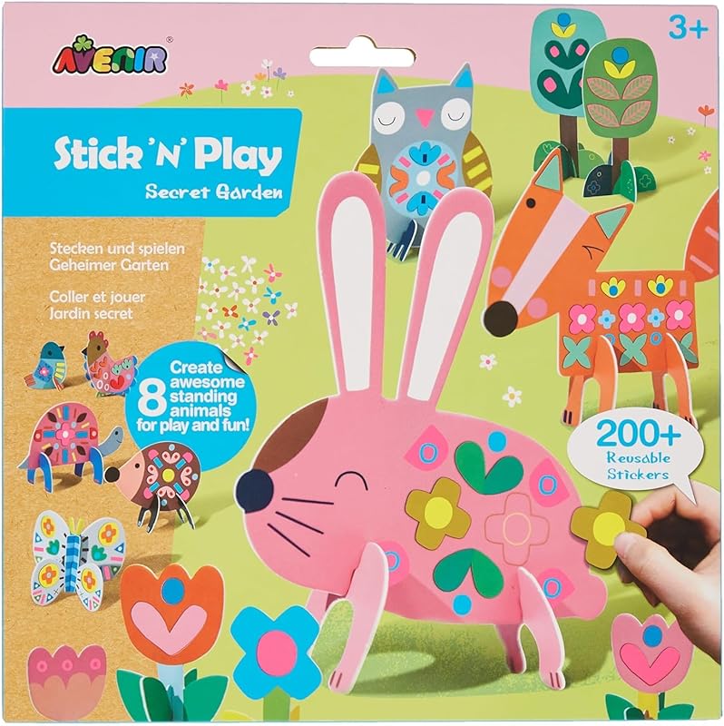 Avenir Stick 'N Play Series - Secret Garden | 200+ Reusable Stickers for Endless Fun! Create Play Scenes with 8 Illustrated Theme Cards, Make Your Own Animal Figures | For Kids 3+
