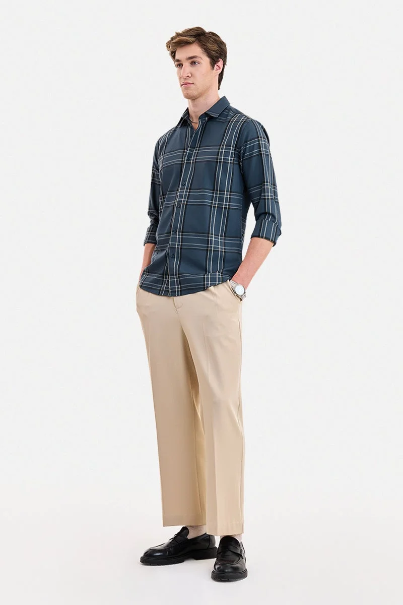 SNITCH Dark Blue Checkered Long Sleeve Slim Fit Formal Luxe Shirt