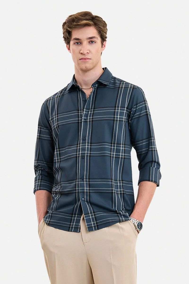 SNITCH Dark Blue Checkered Long Sleeve Slim Fit Formal Luxe Shirt