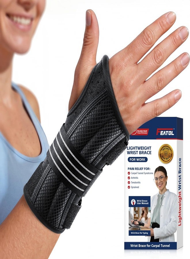 FEATOL Lightweight Carpal Tunnel Wrist Brace for Daily Work, 7 inches Comfortable & Adjustable Night Support for Women Men, Hand Brace With Splint Pain Relief for Tendonitis, Sprains, Arthritis, Right Hand, Medium - Image 1