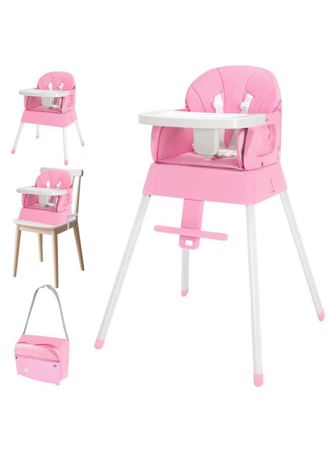4-in-1 Baby High Chair, Convertible Highchair for Babies and Toddlers, Portable High Chair with Foldable Design, Booster Seat for Kitchen, Dining & Outdoor Use, Easy to Clean & Storage(Pink)