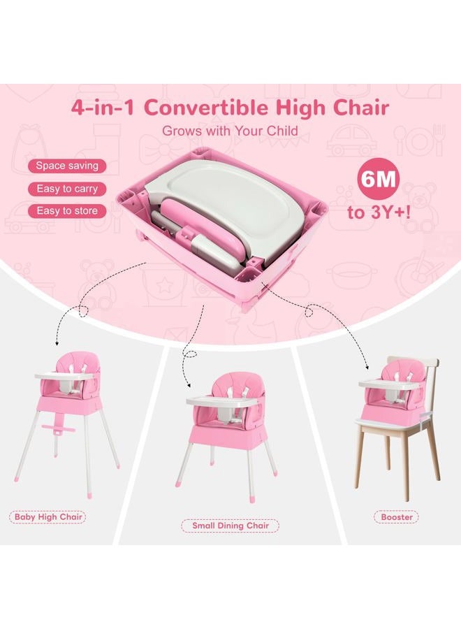 BOSEDSANG 4-in-1 Baby High Chair, Convertible Highchair for Babies and Toddlers, Portable High Chair with Foldable Design, Booster Seat for Kitchen, Dining & Outdoor Use, Easy to Clean & Storage(Pink) - Image 2