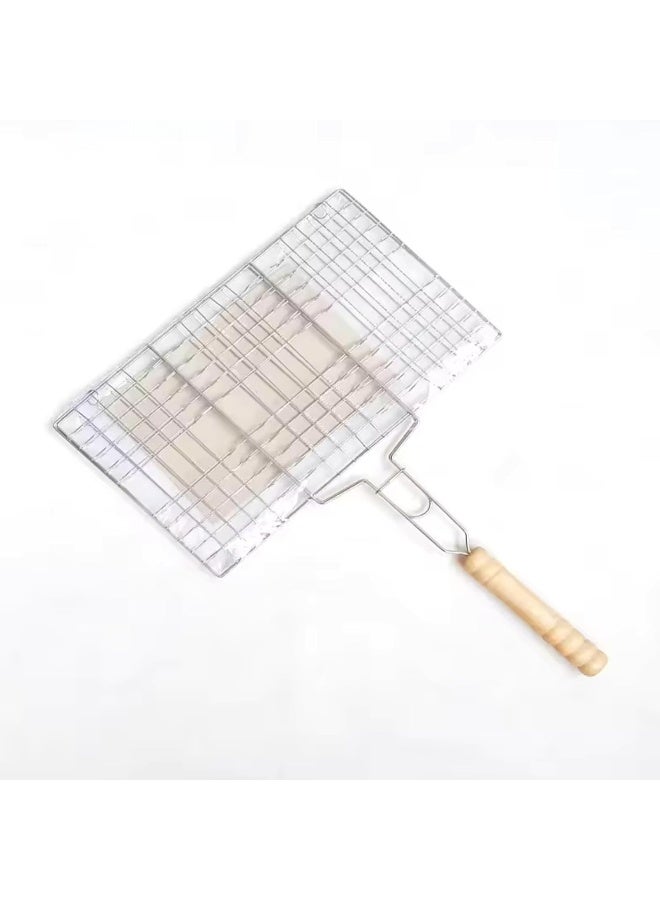 AKC Medium Stainless Steel BBQ Grill Basket – Non-Stick Grilling Rack with Round Wooden Handle – Ideal for Grilling Fish, Meat, Veggies – Outdoor Barbecue & Camping Cookware Tool