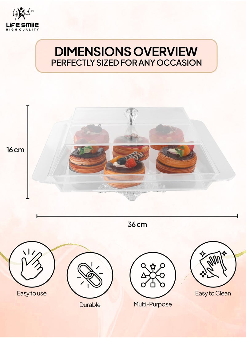 Life Smile - LIFE SMILE Serving Dish With Stand - Acrylic Spill Proof Rectangular Countertop Decorative Tray With Cover For Serving Appetizer, Cakes, Breakfast, Candy, Sweets, Fruit, Bread tray (36CM) - Image 1