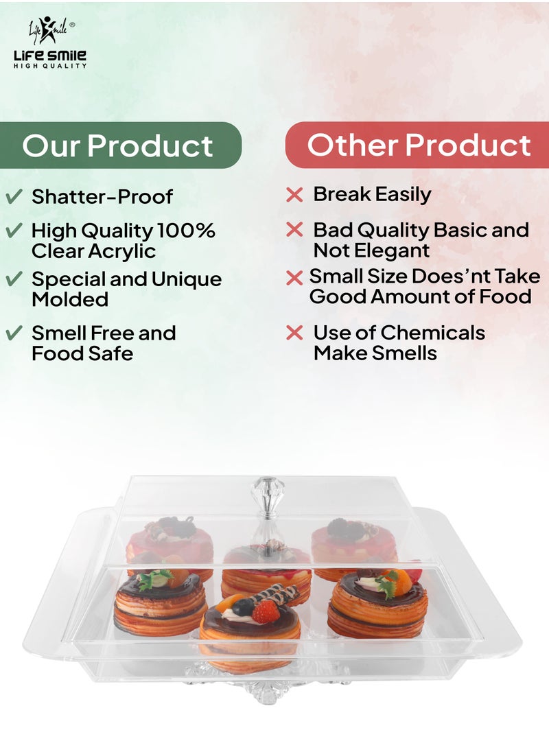 Life Smile - LIFE SMILE Serving Dish With Stand - Acrylic Spill Proof Rectangular Countertop Decorative Tray With Cover For Serving Appetizer, Cakes, Breakfast, Candy, Sweets, Fruit, Bread tray (36CM) - Image 1