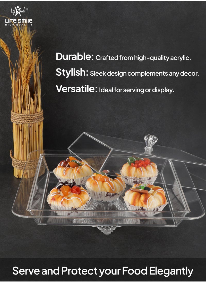 Life Smile - LIFE SMILE Serving Dish With Stand - Acrylic Spill Proof Rectangular Countertop Decorative Tray With Cover For Serving Appetizer, Cakes, Breakfast, Candy, Sweets, Fruit, Bread tray (36CM) - Image 1