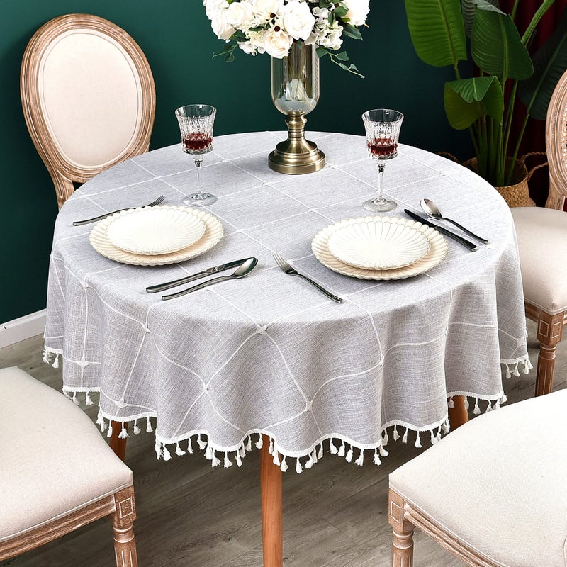 Monibana Plaid Farmhouse Gray Round Tablecloth 60 Inch Cotton Linen Heavy Weight Checkered Table Covers Cloths for Dining Room Kitchen Tabletop Decoration