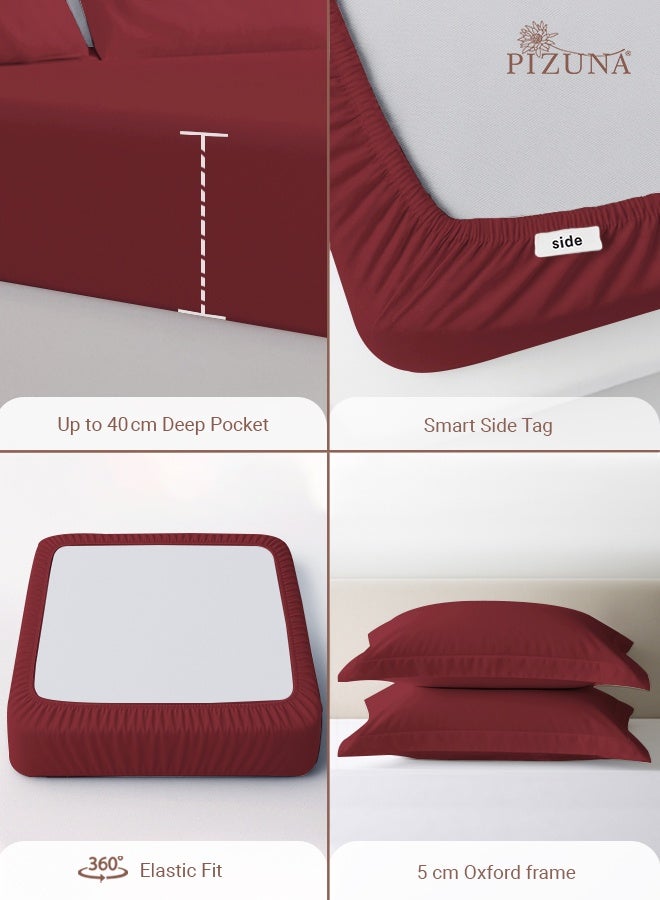 Pizuna Pure Combed Cotton King Fitted Sheet 180x200 cm Rio Red, 400 Thread Count Cool Luxury Soft 100% Long Staple Cotton Sateen Weave, 40cm Deep Pocket Bedsheet with 2 pillowcase (Fitted Sheet) - Image 4