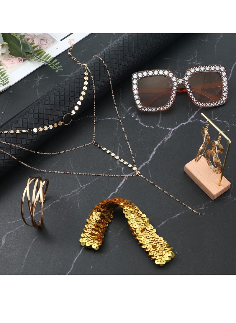 Generic - Disco Jewelry Set for Women - 70s Style Sunglasses, Diamond Cut Bracelets, Choker Necklace, Disco Earrings, Sequin Headband - Gold Disco Accessories - Image 1