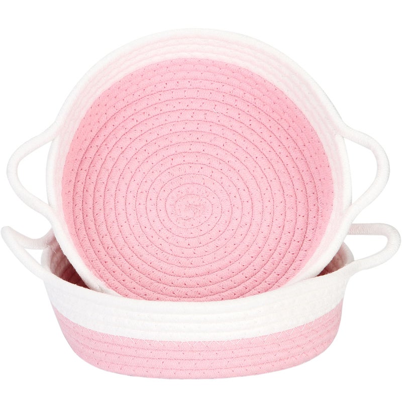 Sea Team 2-Pack Cotton Rope Baskets, 10 x 3 Inches Small Woven Storage Basket, Fabric Tray, Bowl, Round Open Dish for Fruits, Jewelry, Keys, Sewing Kits (Pink & White) - Image 1