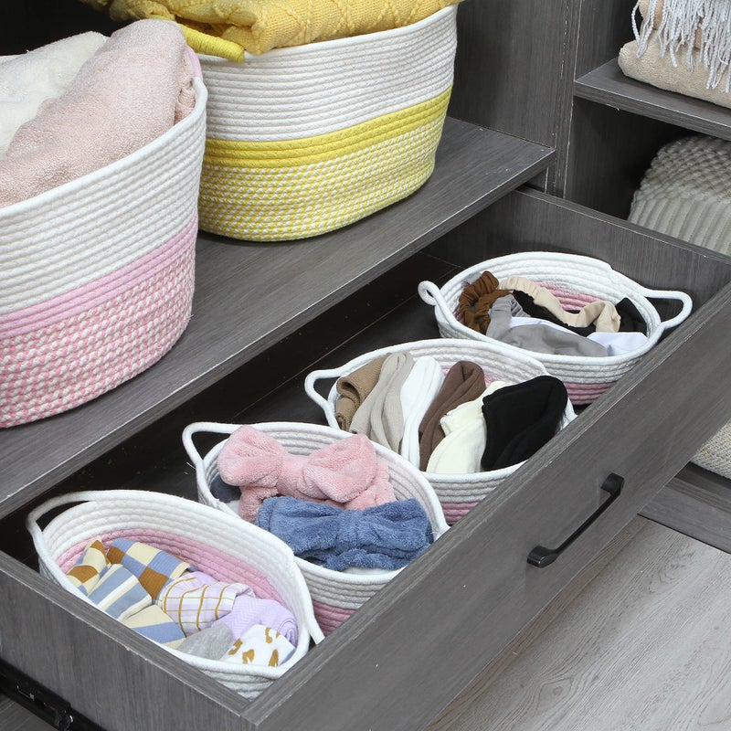 Sea Team 2-Pack Cotton Rope Baskets, 10 x 3 Inches Small Woven Storage Basket, Fabric Tray, Bowl, Round Open Dish for Fruits, Jewelry, Keys, Sewing Kits (Pink & White) - Image 3