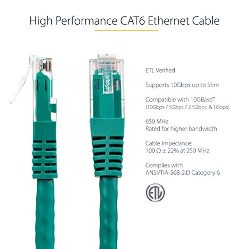 StarTech.com 7ft CAT6 Ethernet Cable - Green CAT 6 Gigabit Ethernet Wire -650MHz 100W PoE RJ45 UTP Molded Network/Patch Cord w/Strain Relief/Fluke Tested/Wiring is UL Certified/TIA (C6PATCH7GN) - Image 3