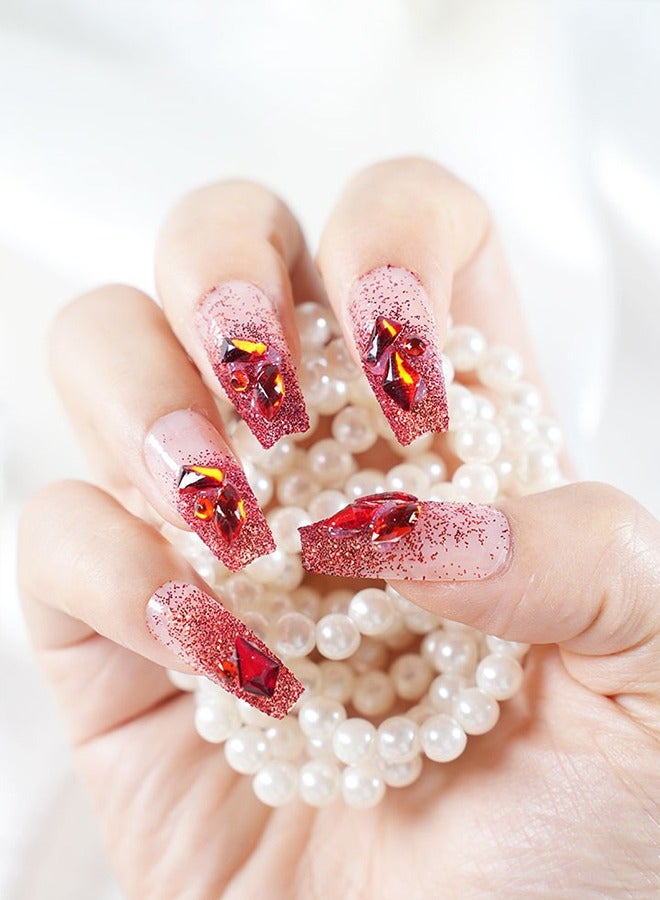 24 Pieces Of Press-On Nail Art Patches, With Nail Art Tools, Red Gradient Heavy Wear Nail, Fine Glitter Bright, Temperament Models Daily Versatility, Convenient Patches, Health And Safety - Image 1