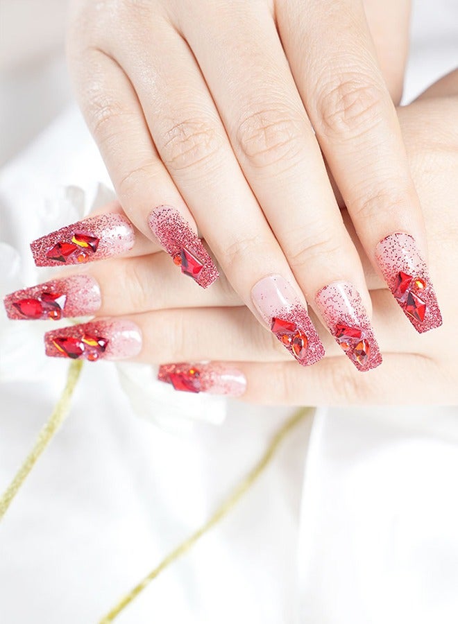 24 Pieces Of Press-On Nail Art Patches, With Nail Art Tools, Red Gradient Heavy Wear Nail, Fine Glitter Bright, Temperament Models Daily Versatility, Convenient Patches, Health And Safety - Image 2