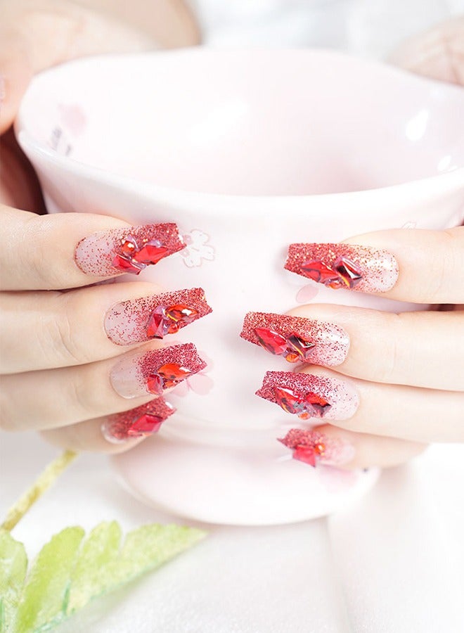 24 Pieces Of Press-On Nail Art Patches, With Nail Art Tools, Red Gradient Heavy Wear Nail, Fine Glitter Bright, Temperament Models Daily Versatility, Convenient Patches, Health And Safety - Image 3