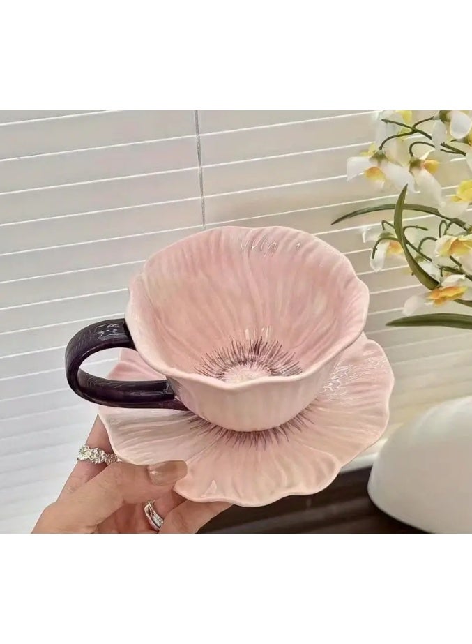 كوب قهوة سيراميكي على شكل زهرة مع صحن، كوب قهوة إبداعي، كوب شاي سيراميكي للقهوة والحليب والشاي واللاتيه والزبادي 300 مل - Image 1