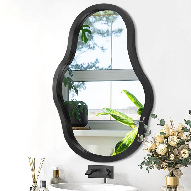 Black Large Asymmetrical Mirror for Wall Decor  Modern Unique Wooden Framed Wavy Mirror  Decorative for Living Room Bedroom Bathroom Entryway