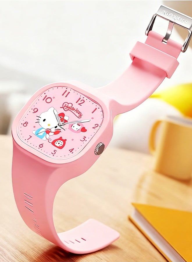 Happy D Pink Square Cartoon Sanrio Hello Kitty Pattern Children's Watch Silicone Strap Suitable for Kids of All Ages Gift Watch - Image 2