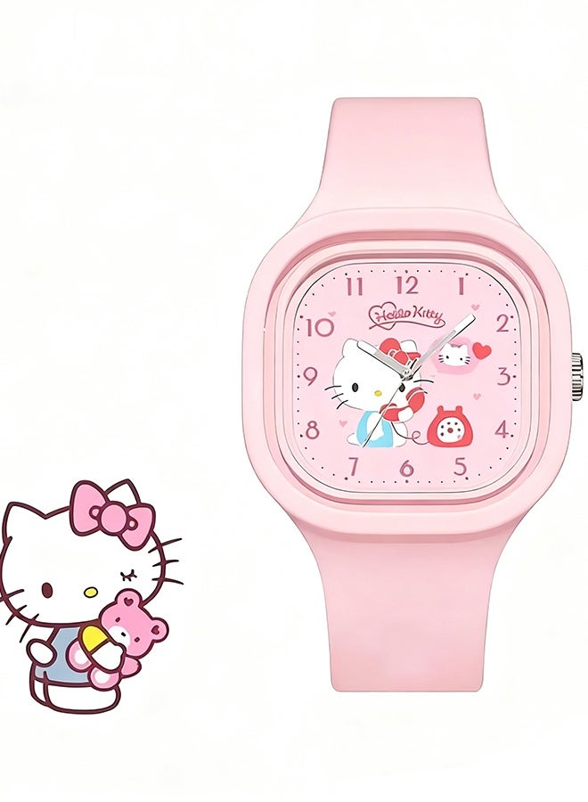 Happy D Pink Square Cartoon Sanrio Hello Kitty Pattern Children's Watch Silicone Strap Suitable for Kids of All Ages Gift Watch - Image 1
