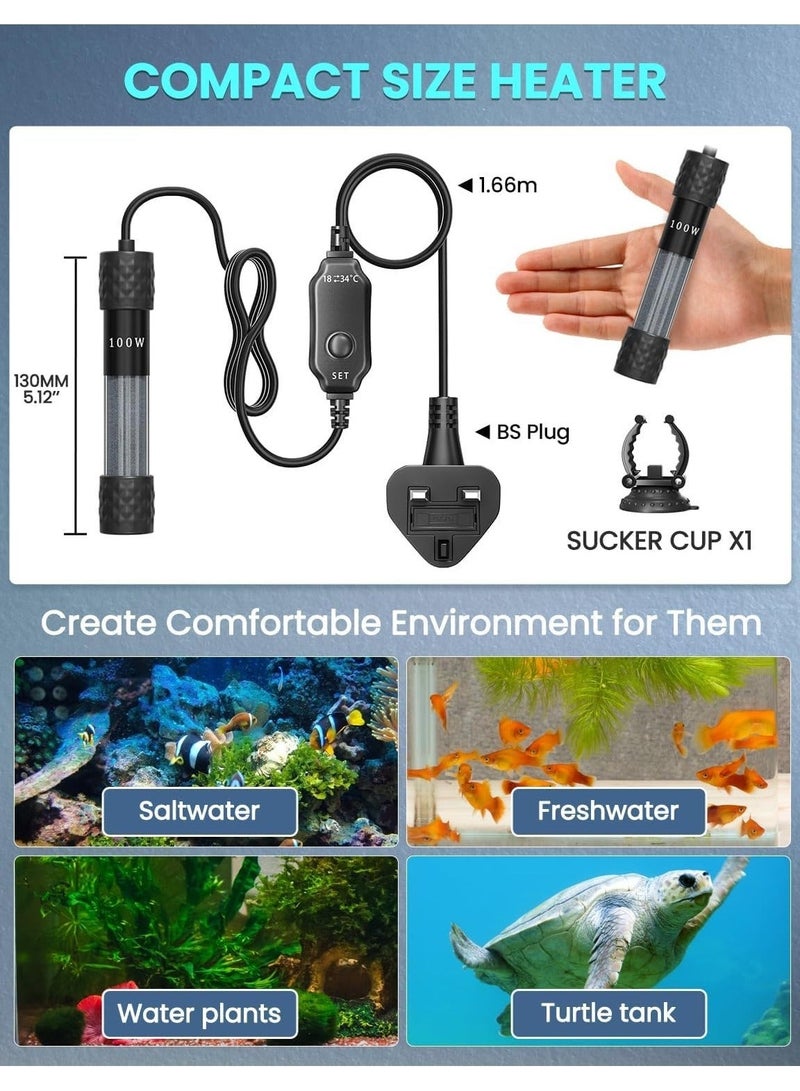 WALALLA 100W Fish Tank Heater, Mini Submersible Digital Aquarium Heater with Thermometer, External Temperature Controller, 50-70Liter Turtle Tank Heater for Betta Fish, Frogs,Newts,Turtles - Image 5