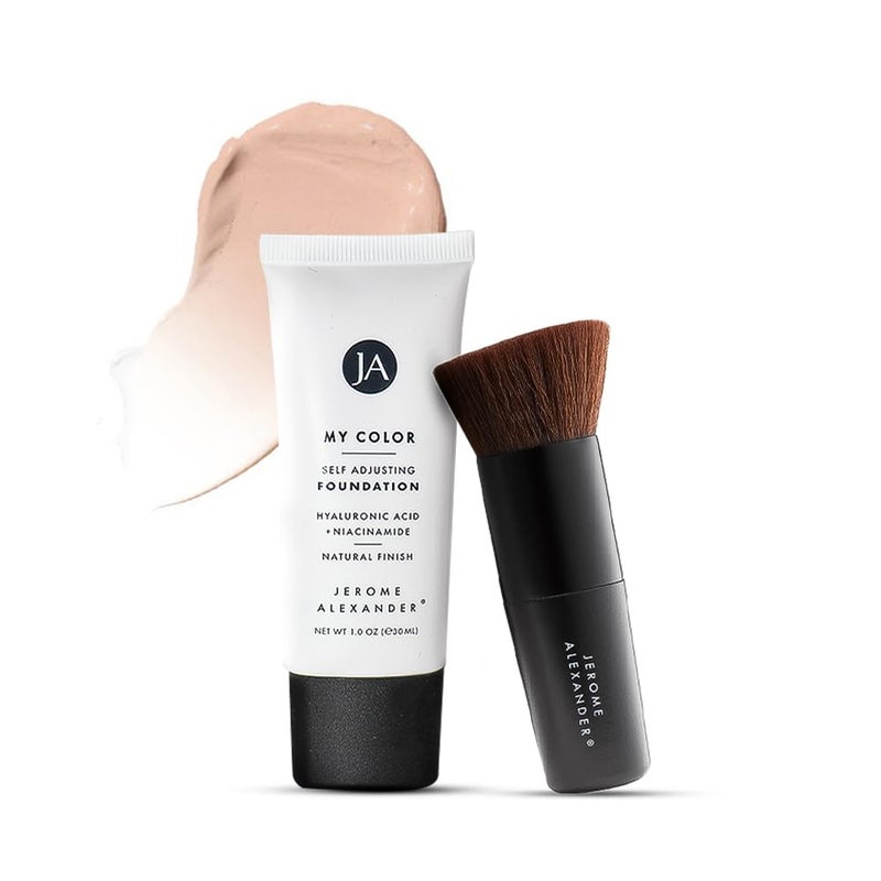 Jerome Alexander My Color Self-Adjusting Foundation, Hydrating & Lightweight Face Makeup, Skincare-Infused, with Kabuki Brush, Light, 1 oz - Image 1