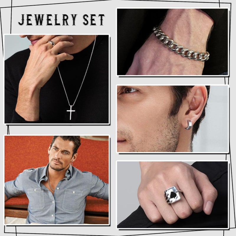 FEYIR 37 Pcs Jewelry Set for Men Stainless Steel Cuban Link Necklace Bracelet Vintage Rings Hoop Stud Earrings Mens Fashion Jewelry - Image 3