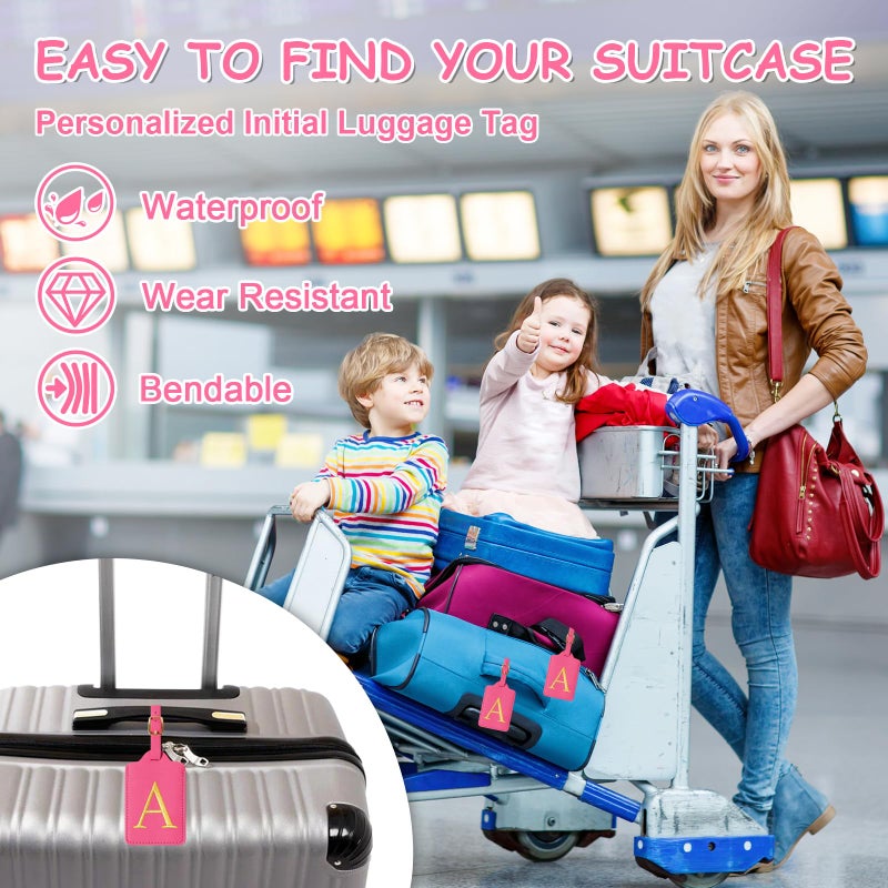 Iqimott Initial Luggage Tags for Suitcases, Cute Embroidered Letter Luggage Bag Suitcase Identifier Name Baggage Tag, PU Leather Travel Luggage Tags, Bag Tags for Men Women Kids Luggage Handbags(Rosered A) - Image 4
