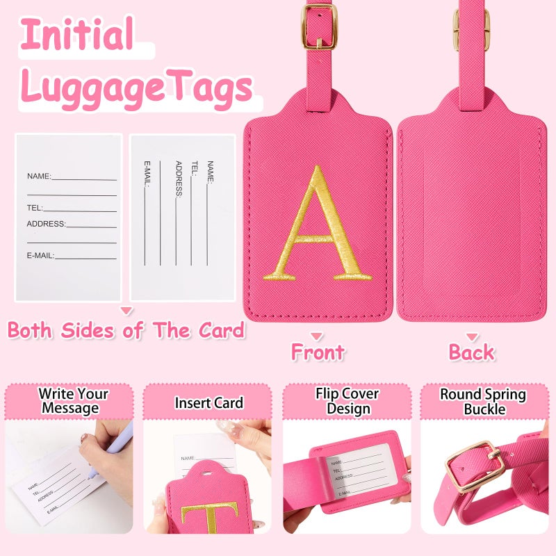 Iqimott Initial Luggage Tags for Suitcases, Cute Embroidered Letter Luggage Bag Suitcase Identifier Name Baggage Tag, PU Leather Travel Luggage Tags, Bag Tags for Men Women Kids Luggage Handbags(Rosered A) - Image 3