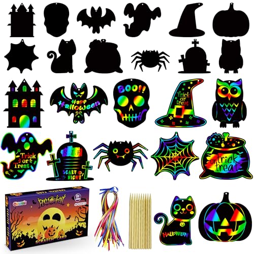 OHOME Halloween Party Favors 48 PCS Magic Rainbow Scratch Paper Cards Set for Kids Kids Halloween Games Crafts Treats Toys Gifts TrickorTreat Activities Party Decorations Supplies - Image 1