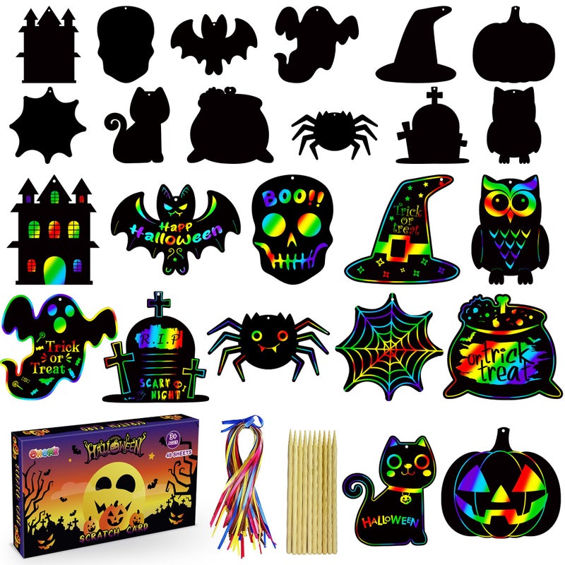 OHOME Halloween Party Favors 48 PCS Magic Rainbow Scratch Paper Cards Set for Kids Kids Halloween Games Crafts Treats Toys Gifts TrickorTreat Activities Party Decorations Supplies - Image 2