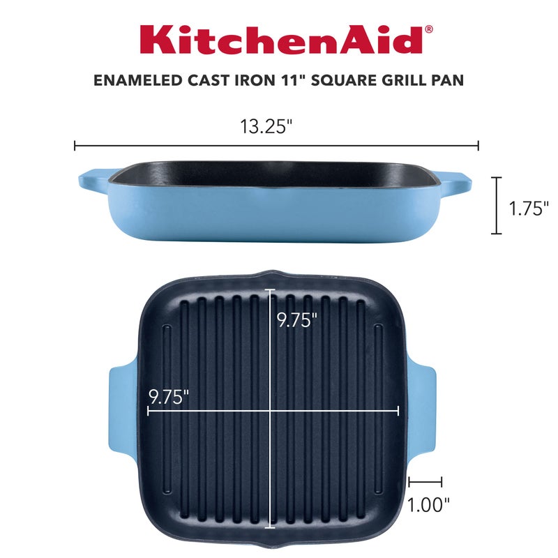 KitchenAid Enameled Cast Iron Square Grill and Roasting Pan, 11 Inch, Blue Velvet - Image 2