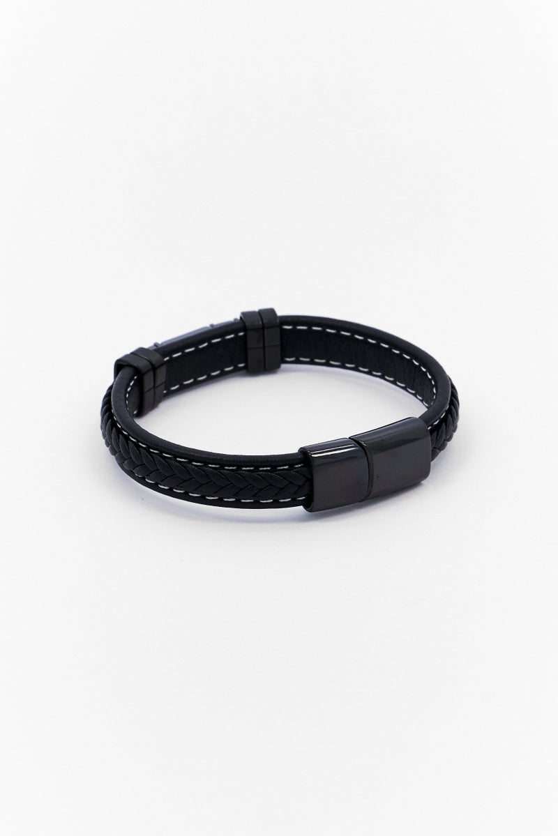 Steeltime Men Thread Ip Stainless Steel Hematite Agate Beads Id Bracelet, Black - Image 2