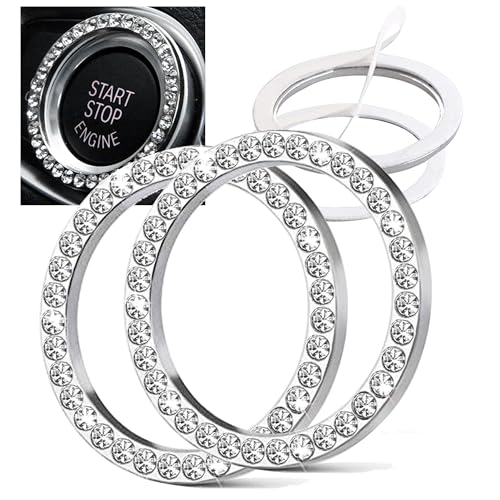 Orrdice 2pcs Bling Car Engine Start Button Cover Diamond Crystal Push Start Stop Button Ring Sparkly Bling Ignition Button Cover Rhinestone Keyless Ignition Ring Universal Car Accessories Silver - Image 1