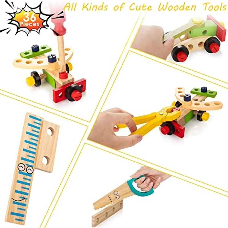 KIDWILL Tool Kit for Kids, 36-Piece Wooden Toddler Tools Set Includes Tool Box, Montessori Educational Stem Construction Toys for 2 3 4 5 6 Year Old Boys Girls, Best Birthday Gift for Kids - Image 3