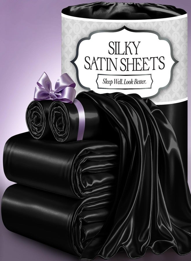 DECOLURE Satin Bed Sheets - 4 Piece Luxury Silky Queen Size Bedding Set - Softer Than Silk, Wrinkle-Free with 15” Deep Pocket Fitted Sheet, Perfect for Hair & Skin, Gifts for Women (Black) - Image 1