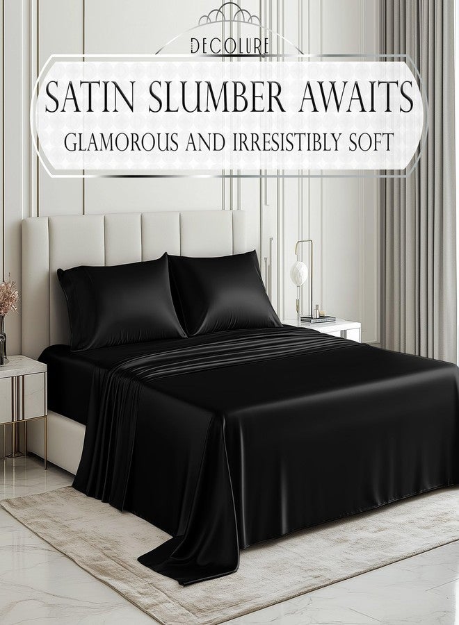 DECOLURE Satin Bed Sheets - 4 Piece Luxury Silky Queen Size Bedding Set - Softer Than Silk, Wrinkle-Free with 15” Deep Pocket Fitted Sheet, Perfect for Hair & Skin, Gifts for Women (Black) - Image 2