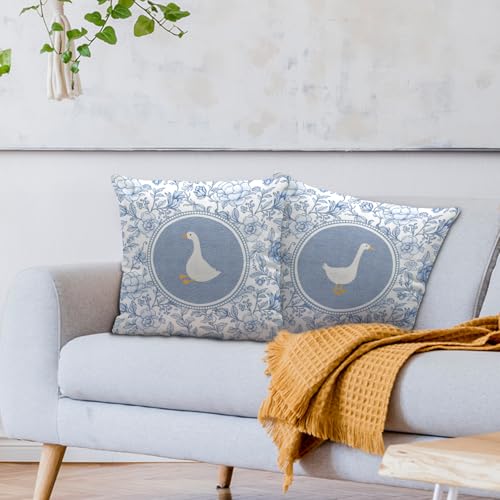 Nvotell Blue and White Chinoiserie Goose Pillow Covers 18x18, Goose Nursery Decor, Grandmillennial Floral Geese Decorative Throw Pillow Case Covers for Baby Little Girls Room Bedroom, Set of 2 - Image 2