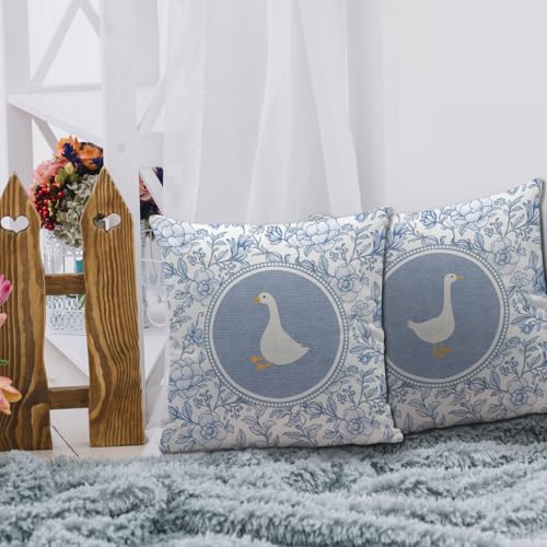 Nvotell Blue and White Chinoiserie Goose Pillow Covers 18x18, Goose Nursery Decor, Grandmillennial Floral Geese Decorative Throw Pillow Case Covers for Baby Little Girls Room Bedroom, Set of 2 - Image 4