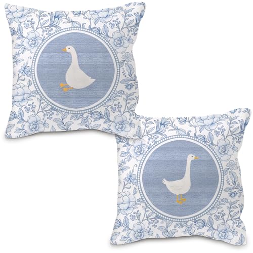 Nvotell Blue and White Chinoiserie Goose Pillow Covers 18x18, Goose Nursery Decor, Grandmillennial Floral Geese Decorative Throw Pillow Case Covers for Baby Little Girls Room Bedroom, Set of 2 - Image 1