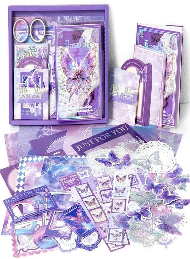 GKN Paper Scrapebook Kit Scrapbooking Supplies Kit Vintage Butterfly Aesthetic Scrapbook Kit for Junk Journal Stationery Bullet A6 Grid Notebook DIY Scrapbook Birthday Gift, Purple Butterfly - Image 1