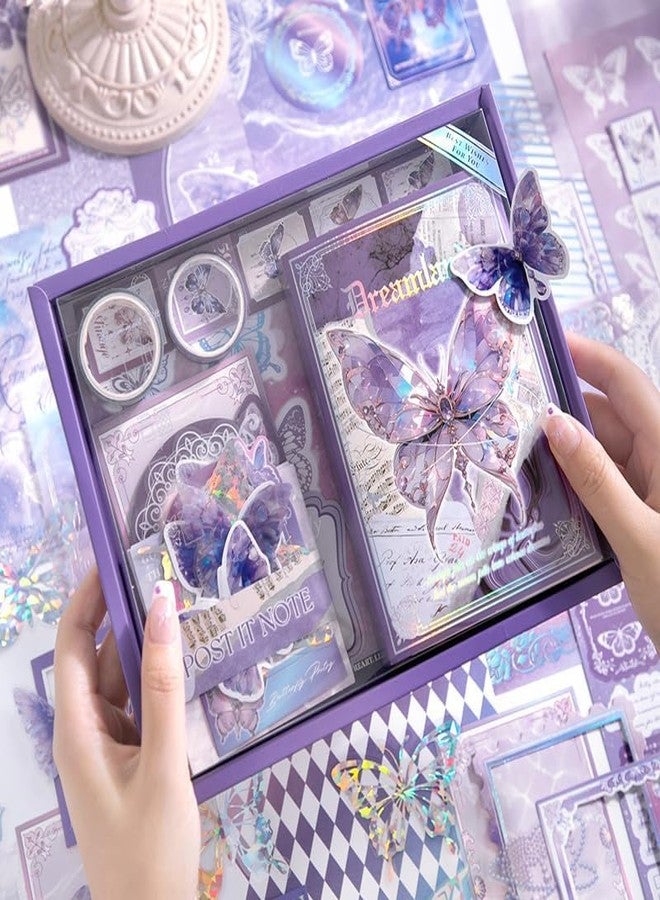 GKN Paper Scrapebook Kit Scrapbooking Supplies Kit Vintage Butterfly Aesthetic Scrapbook Kit for Junk Journal Stationery Bullet A6 Grid Notebook DIY Scrapbook Birthday Gift, Purple Butterfly - Image 2