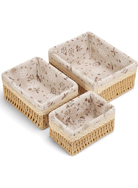 Floral Wicker Storage Baskets, Set of 3 Handmade Storage Baskets in Multiple Sizes, Perfect for Home Organization, Storage and Decor - Beige