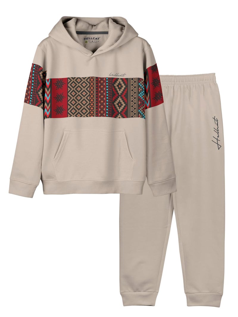 HELLCAT Trendy Printed Cotton Blend Hoodie T-Shirt Jogger Trackpant Clothing Set for Boys - Pack of 1 / Beige / 7-8 Years - Image 1