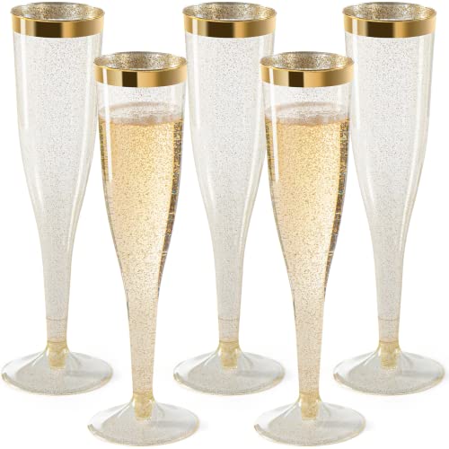 CHATEAU FINE Plastic Champagne Flutes 65 Oz Glasses with Gold Rim  Glitter Gold Mimosa Design Brunch Decor Disposable