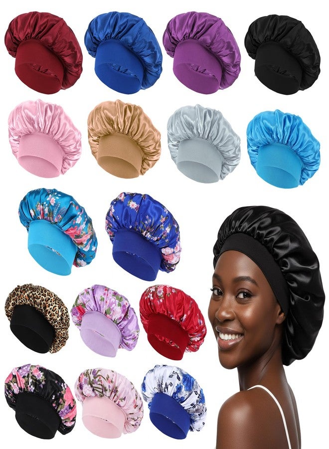 Kifmurase 16PCS Satin Bonnets for Sleeping, Multicolor Large Elastic Wide Band Hair Sleep Bonnet, Soft Silky Shower Hair Wrap Cap for Black Women Curly Dreadlock Braid Hairs - Image 1